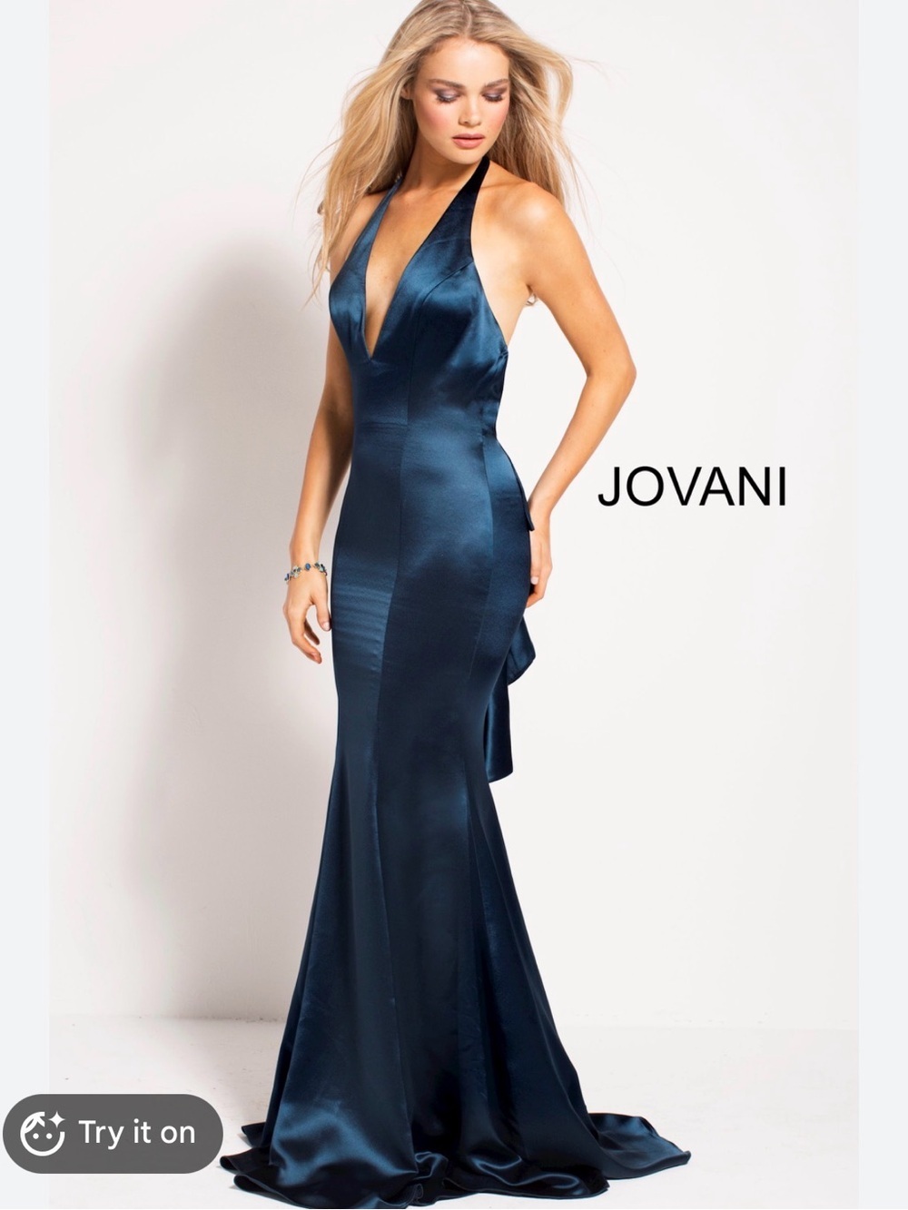 Jovani Deep Navy Satin Halter evening wedding guest Gown